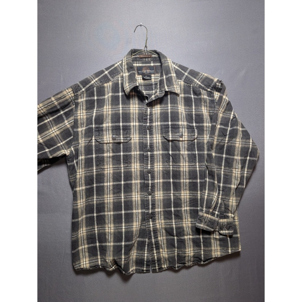 Weatherproof Chamois Flannel Shirt Mens XL Black Beige Plaid Cotton Button Up